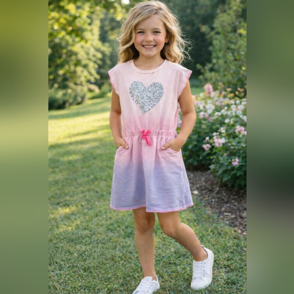 Hatley Girls Pink Ombre Dress Silver Sequin Heart Cotton Blend Pocket Tie Waist